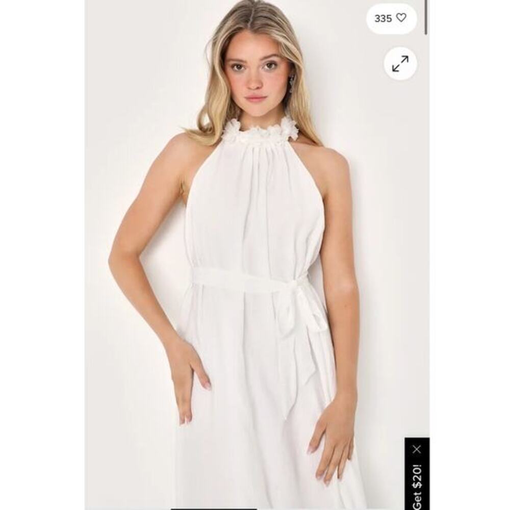 Lulus Angelic Outlook White Halter Midi Dress 3D Floral Neckline Bridal XS NWT